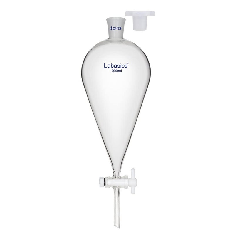 Labasics Conical Separatory Funnel, 1000 ml Heavy Wall Borosilicate Glass Separating Funnel with 24/29 Joints and PTFE Stopcock - Image 1
